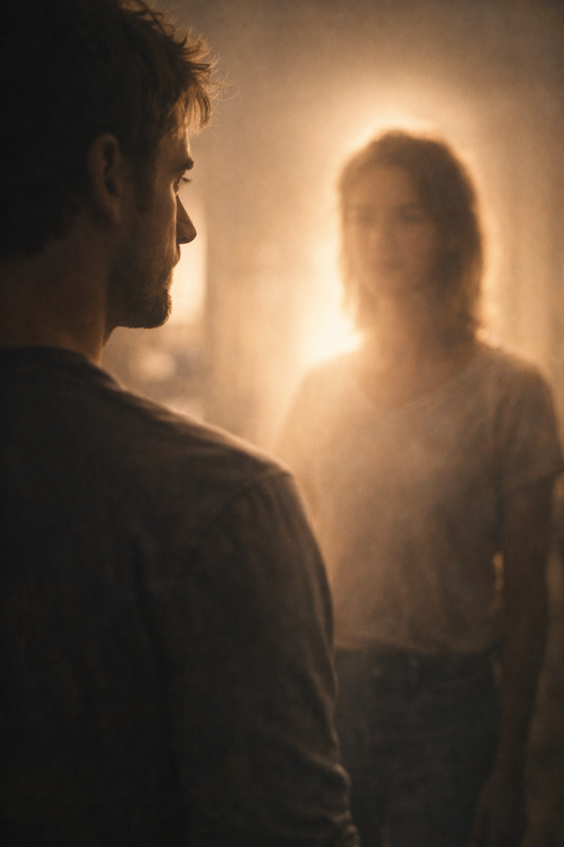 Силуэт человека, который «проецирует» идеальный образ на другого — мягкий романтический свет