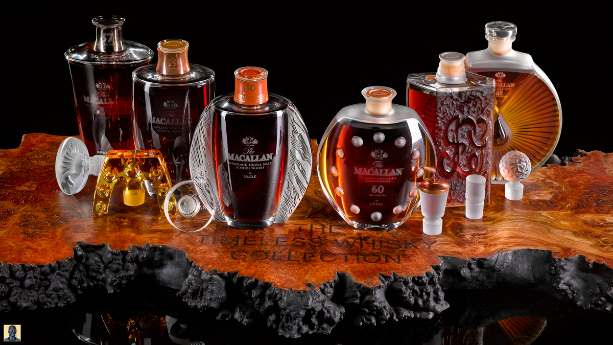  Коллекция Macallan in Lalique Six Pillars состоящая из 6 хрустальных графинов Lalique, с виски  от 50 до 65 лет