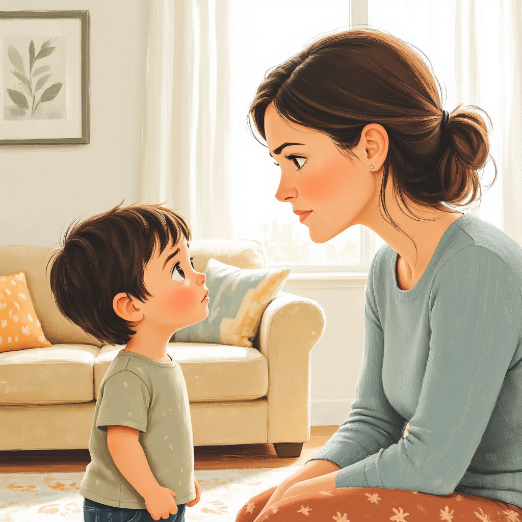 Ребенок жалуется маме. Иллюстрация сделана нейросетью.