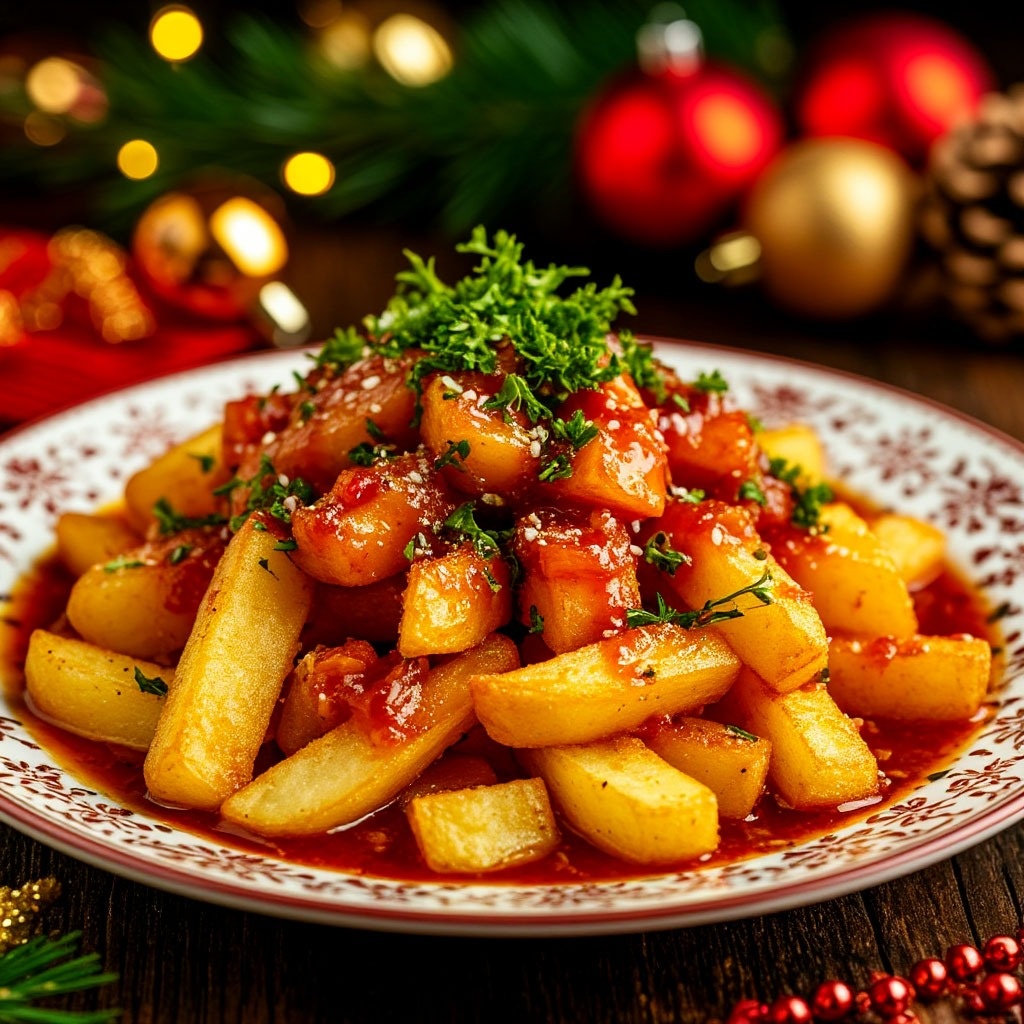 вариант сервировки картошки фри с кисло-сладким соусом