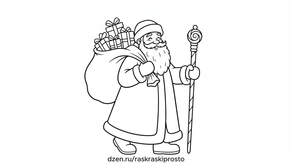 Новогодняя раскраска для детей "Дед Мороз несёт подарки"