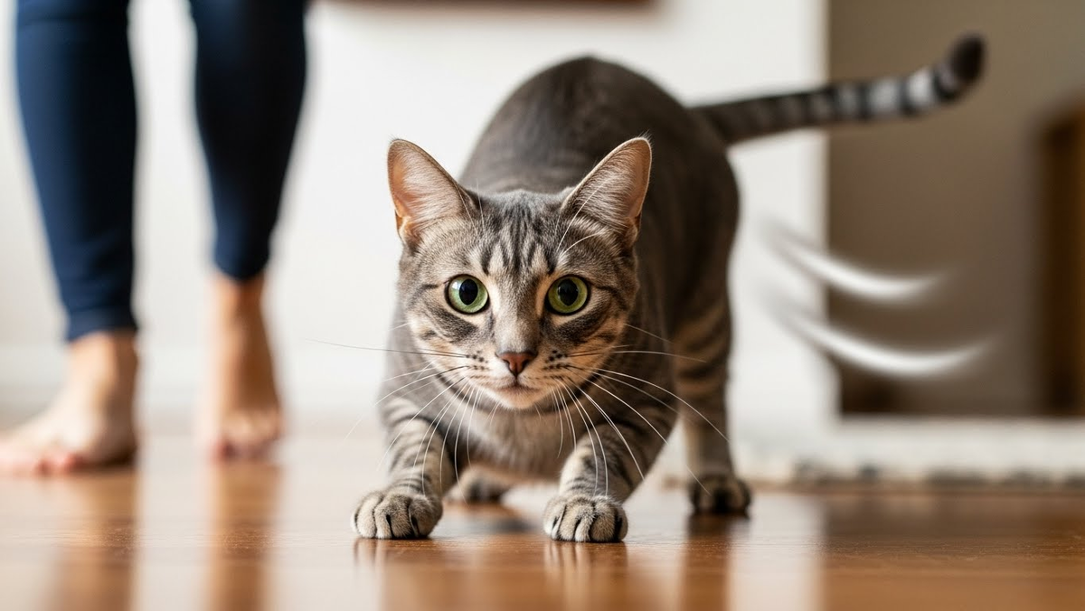 Классическая охотничья стойка перед атакой. Для кота вы — не хозяин, а движущаяся мишень.