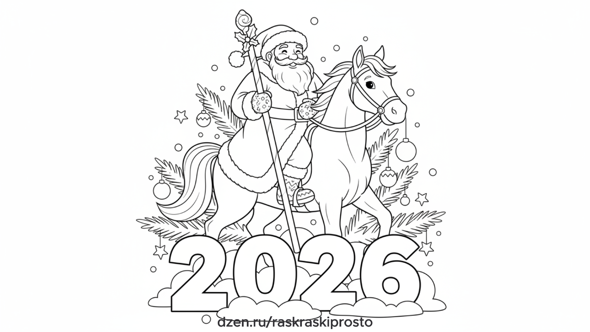 Новогодняя раскраска для детей "Дед Мороз на лошадке 2026"