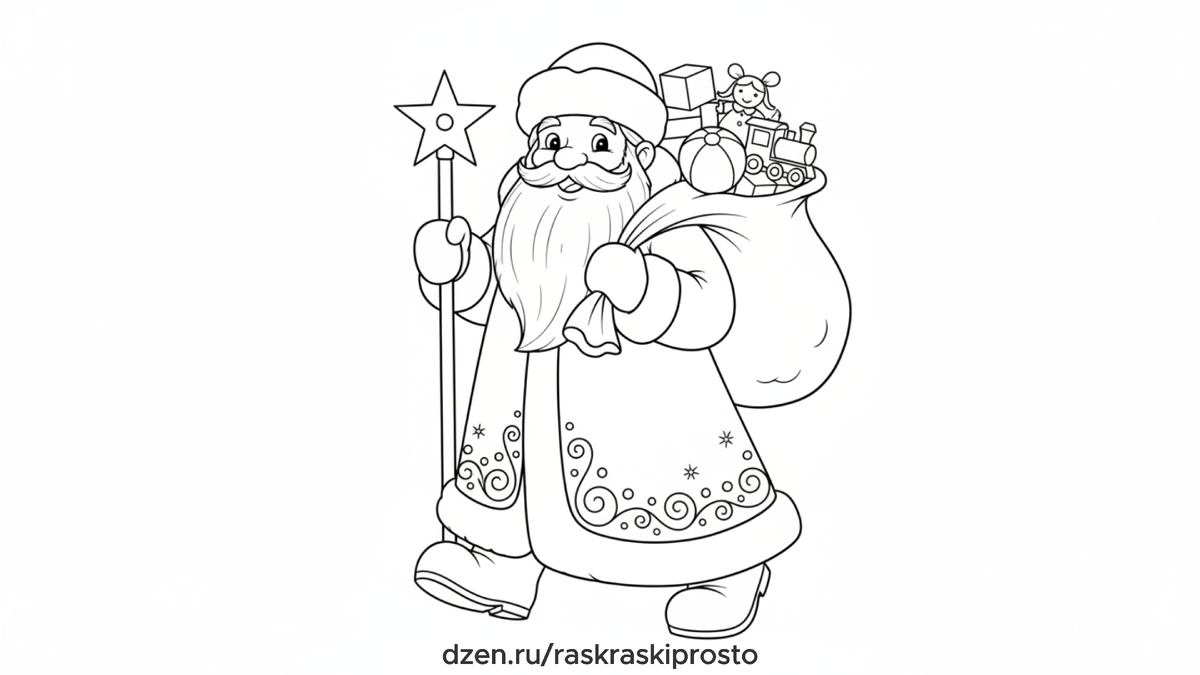 Новогодняя раскраска для детей "Дед Мороз с мешком подарков для малышей"