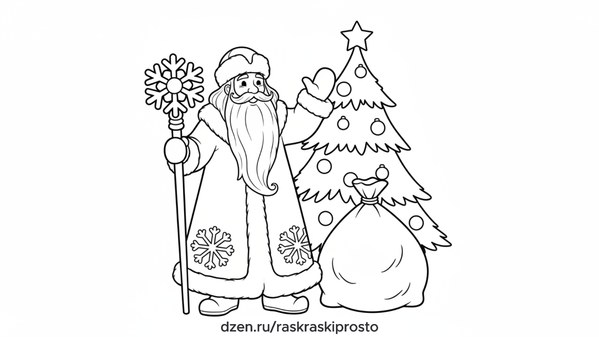 Новогодняя раскраска для детей "Дед Мороз шагает с мешком подарком"