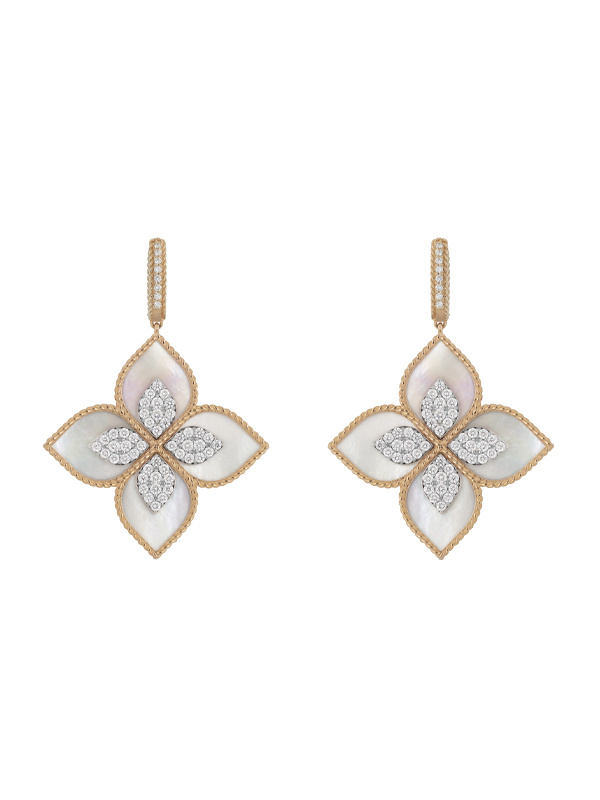 Серьги Roberto Coin Princess Flower из розового и белого золота с бриллиантами и перламутром