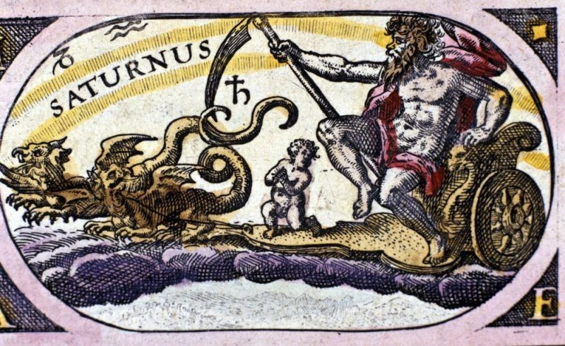 Старинная гравюра, изображающая Сатурна с секирой на колеснице