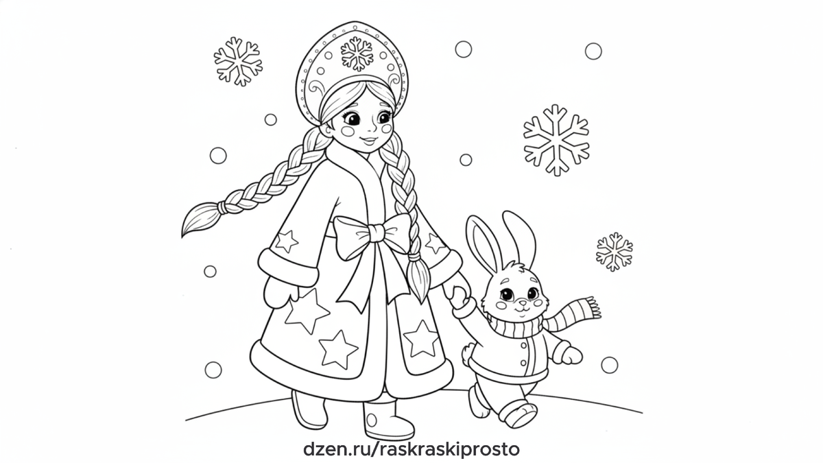 Новогодняя раскраска для детей "Снегурочка гуляет с зайчиком"