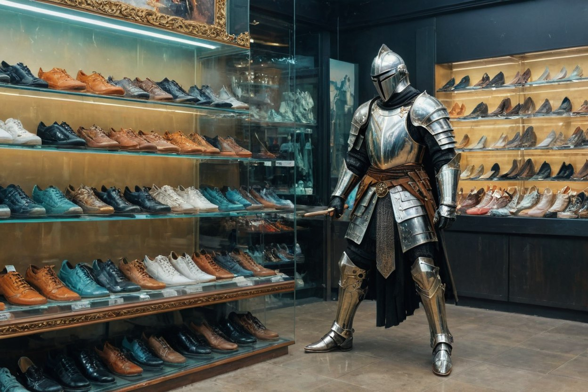 Рыцарь продаёт обувь