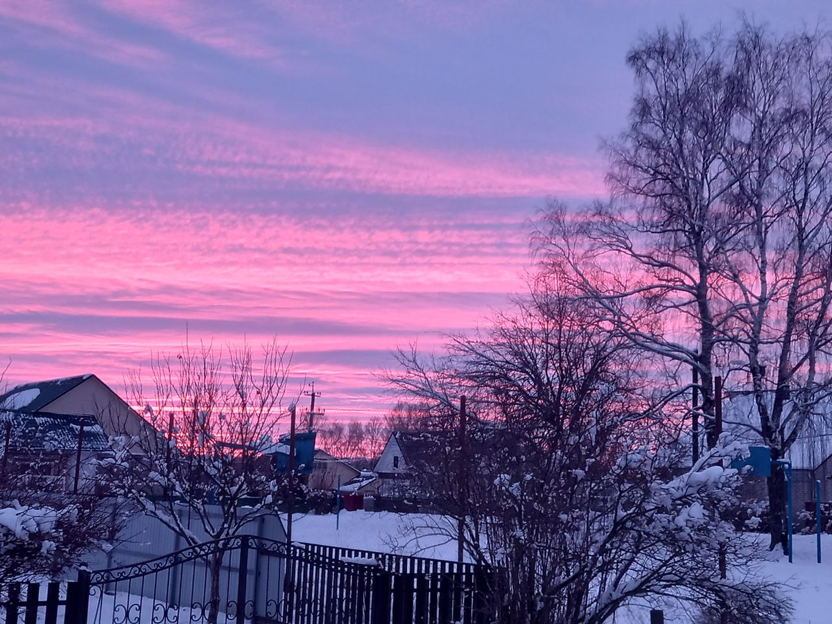 Это рассвет декабря прошлого года. В этом декабре снег выпал и расстаял. Фото автора. Брянская область.