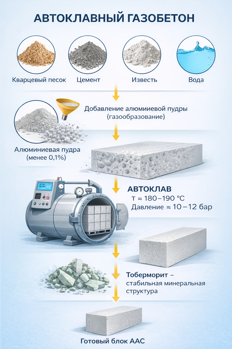 Автоклавный газобетон (AAC): схема состава и ключевых этапов производства. 
Алюминиевая пудра используется только на этапе газообразования и полностью реагирует в процессе автоклавной обработки