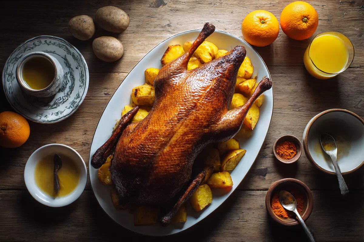    Гусь, запечённый с апельсинами и копчёной паприкой, всегда получается ярким и ароматным.
