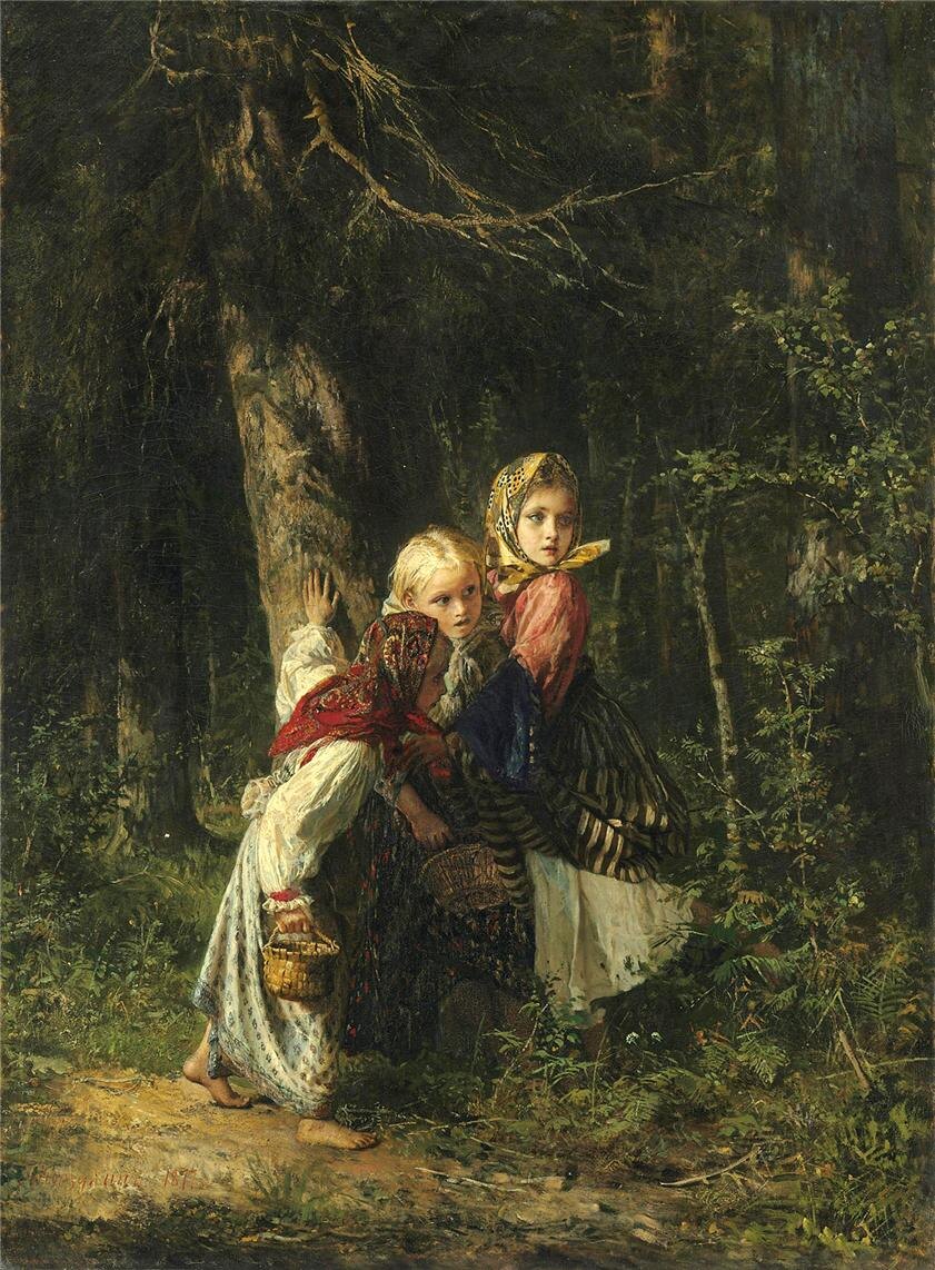 Крестьянские девочки в лесу, художник - Корзухин А. И.(1877)