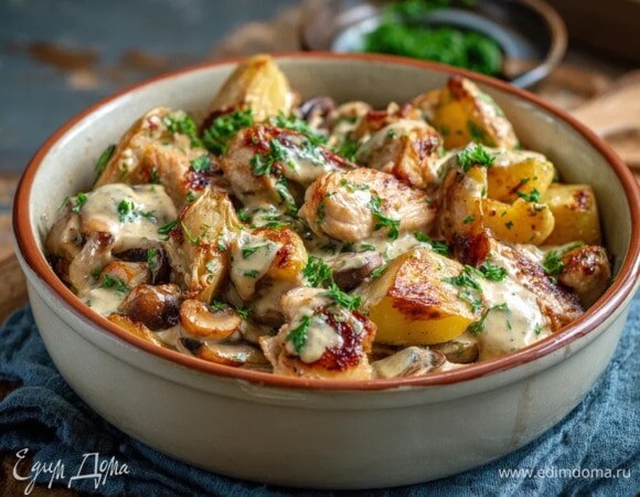 Жаркое из картофеля, грибов и курицы в духовке