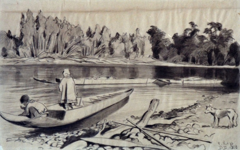    В.А. Ватагин — Река Хор. Удэгейцы на лодках. Лето 1928 г.