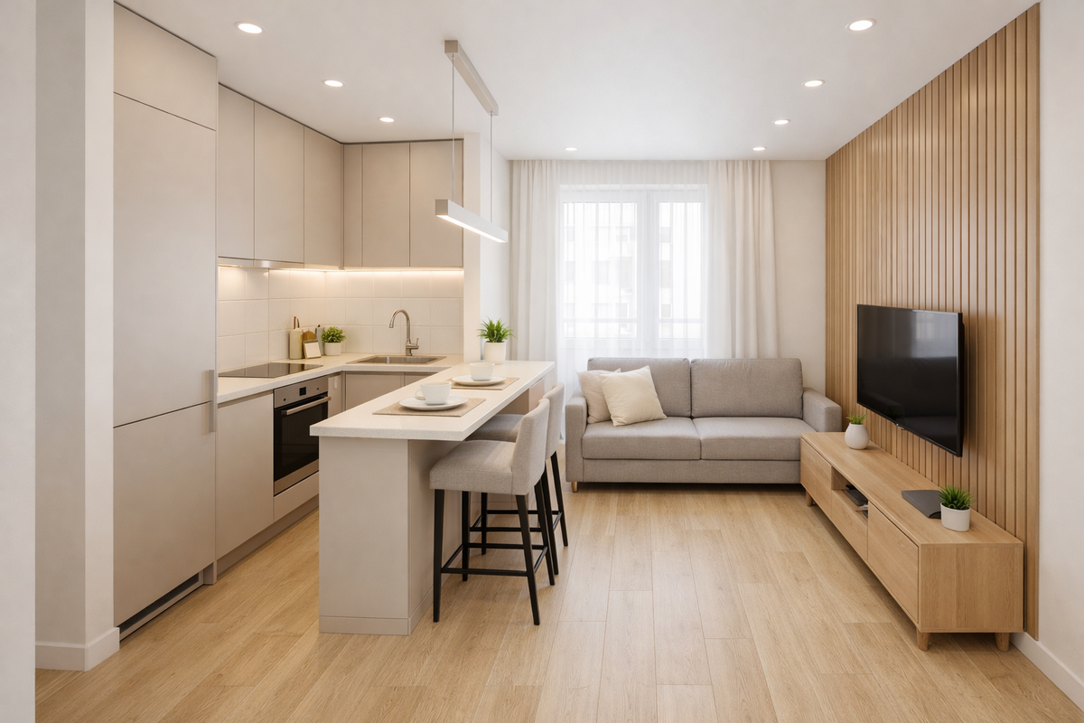 Студия 26 м² «под сдачу» в СПб: кухня‑гостиная, которая продаёт объявление за минуту