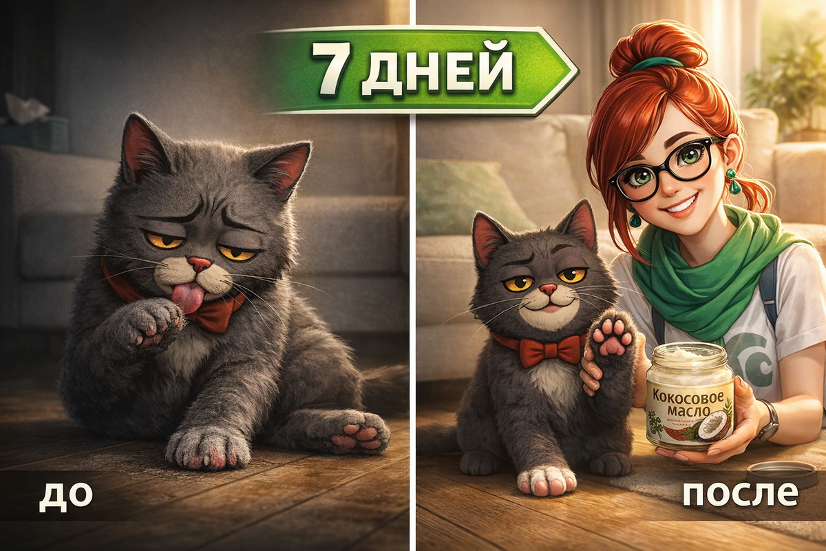 Иллюстрация создана автором с помощью нейросети специально для статьи
"Невероятное преображение за неделю: как кокосовое масло спасло кошачьи лапы от трещин и сухости"