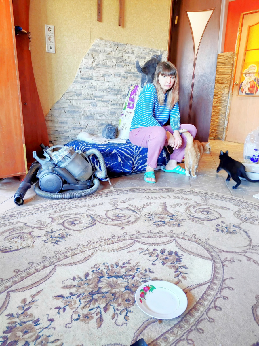 Ежедневная уборка сделана. Все котики сыты и улеглись по своим местам. Света присела отдохнуть. 