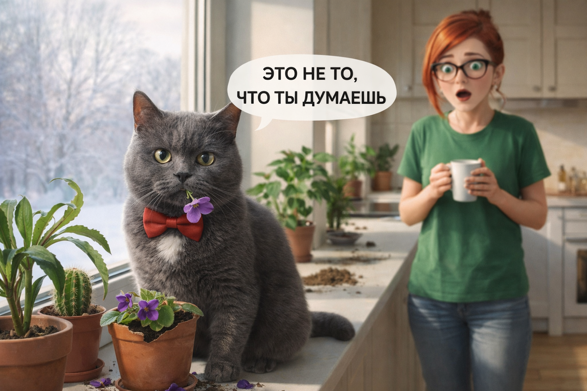 Иллюстрация создана автором с помощью нейросети специально для статьи
"Момент истины: кот-британец превратил комнатные растения в личный салат-бар под недоуменным взглядом хозяйки"