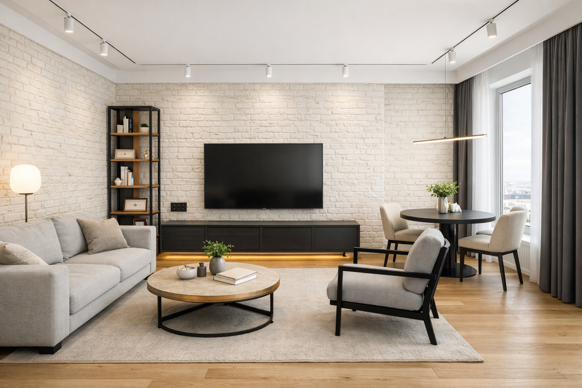 Гостиная‑лофт с белым кирпичом: панорамный свет Невы и ощущение пентхауса в СПб

