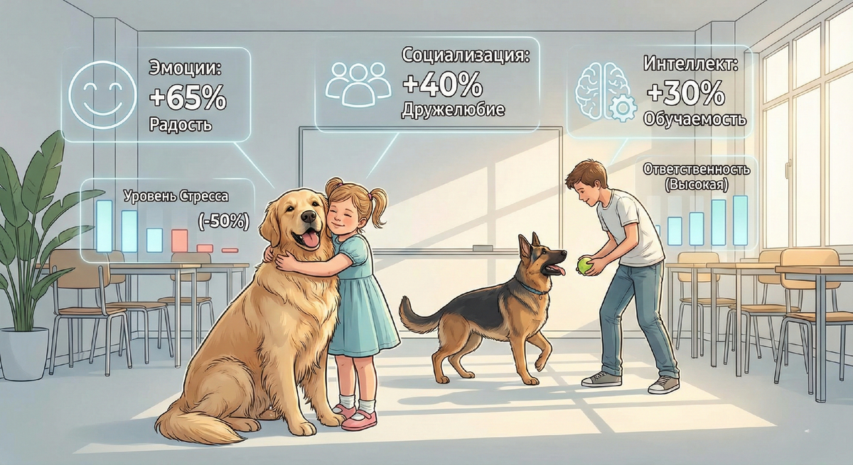 Инфографика: Как домашние питомцы помогают развитию ребёнка. Объятия и игры с собаками способствуют снижению стресса, развитию дружелюбия и ответственности, а также повышают радость и обучаемость детей.