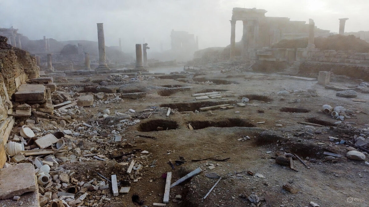Следы незаконных раскопок — ямы и брошенный мусор на фоне древних стен или колонн.