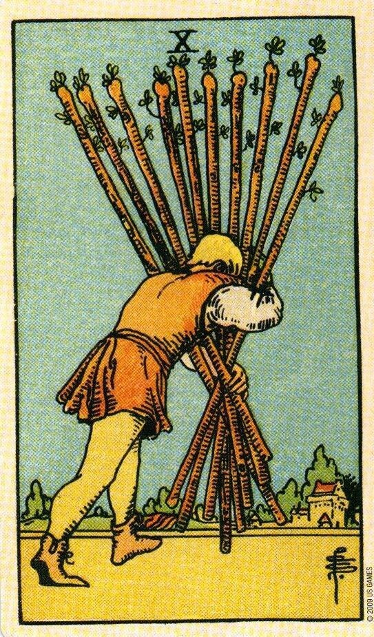 Десятка Жезлов Таро Райдера - Уэйта