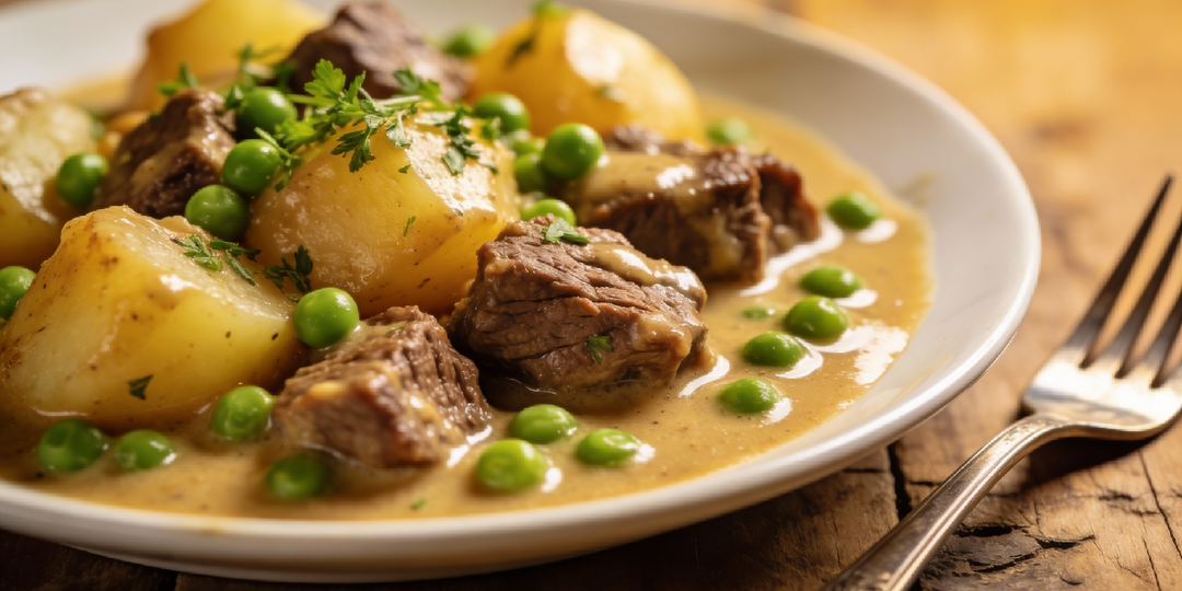 Тушёная картошка с мясом и зелёным горошком: ужин в одной сковороде 🍲