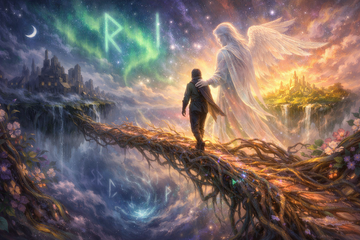 «Руны Эйваз и Иса: переход через невидимый мост под защитой Архангела Михаила»
Мистическая иллюстрация к руническому раскладу о переходе и духовной защите. Энергия Эйваз и Иса, лунное небо, Архангел Михаил за спиной — для тех, кто ищет знак свыше, практикует гадание на рунах и работает с посланиями Архангелов.