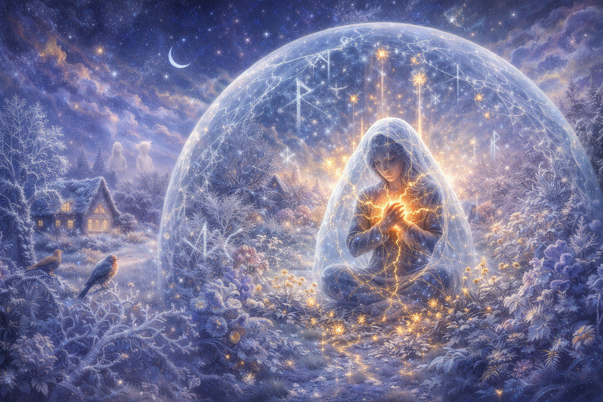 «Руна Иса и пробуждение Вуньо: когда лёд судьбы трескается от света души»
Замёрзший сад, руна Иса и первые искры радости Вуньо — визуальный образ выхода из застоя в руническом раскладе. Подпойдёт тем, кто интересуется рунами, магией перемен, посланиями Архангелов и глубинным гаданием на рунах о своём пути.