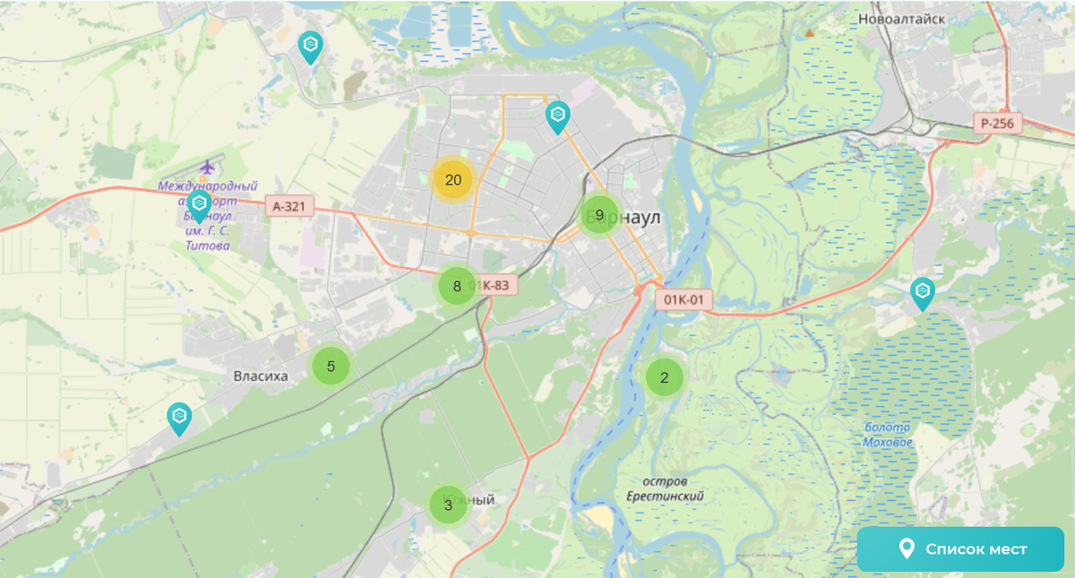 Скриншот карты с сайта  с катками в городе Барнаул