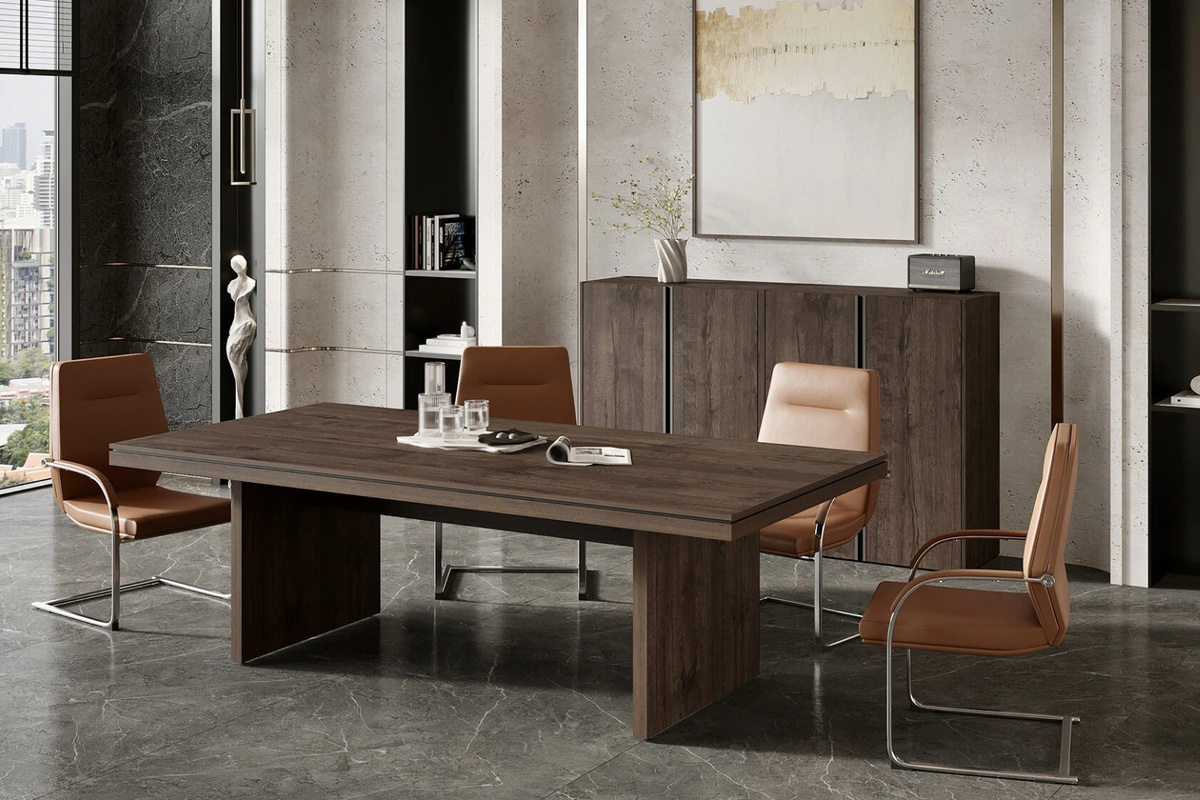 Элементы можно комбинировать под формат встречи: от небольших обсуждений до масштабных совещаний. Конструкция устойчива благодаря массивным опорам и точной подгонке элементов. 