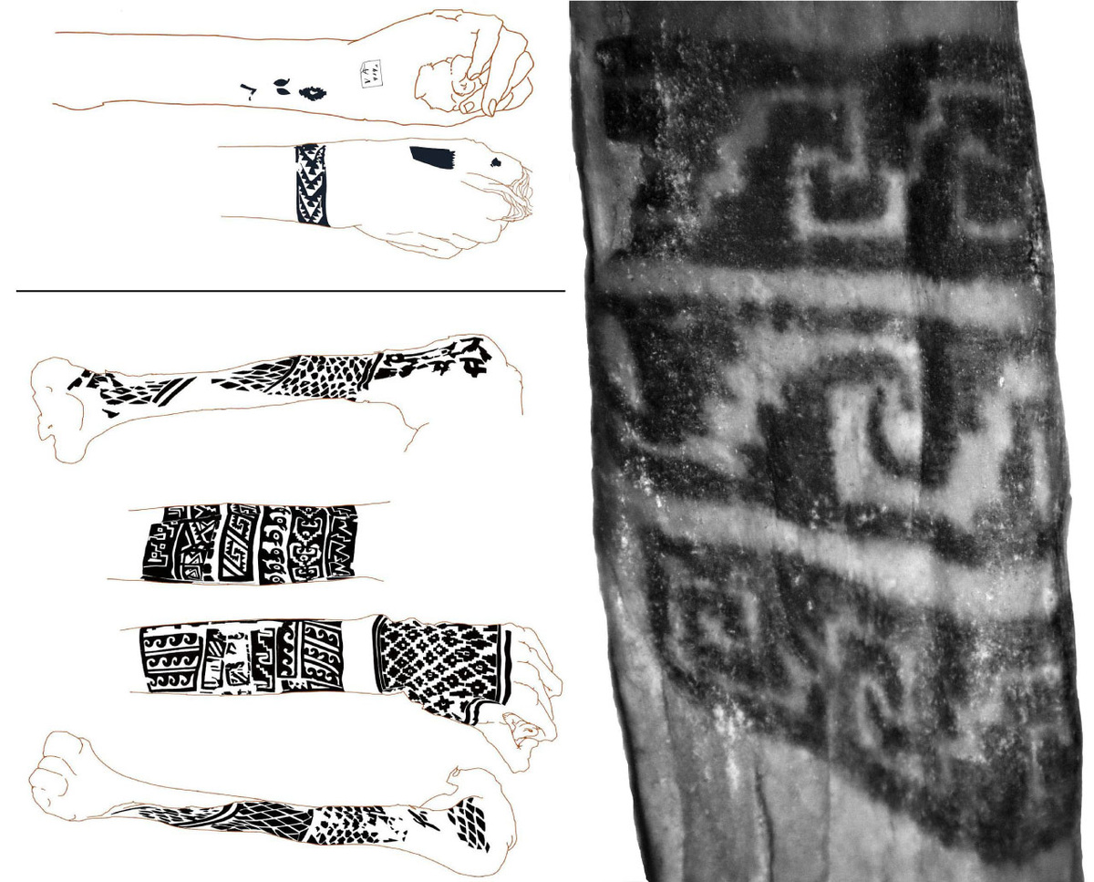 Слева – рисунки останков, хранящихся в Этнографическом музее Берлина. Справа – инфракрасное изображение татуировки на внешней стороне предплечья.  📷
