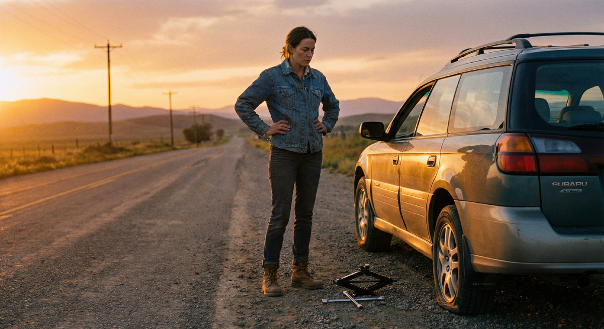 Марина у машины с пробитым колесом — момент, когда страх сменяется решимостью.

