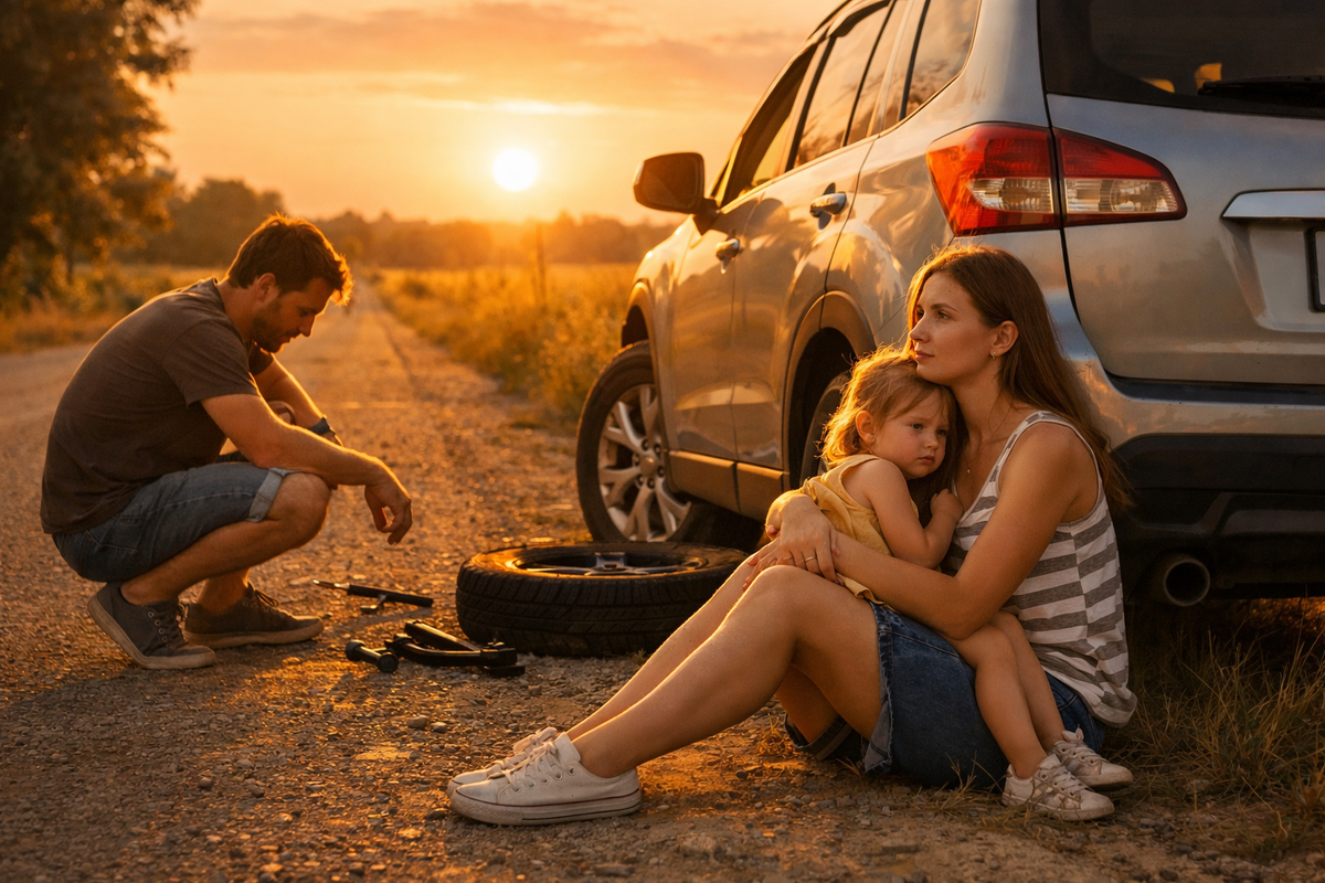 Семья Лавровых на обочине трассы — момент, когда обычная поездка превращается в испытание

