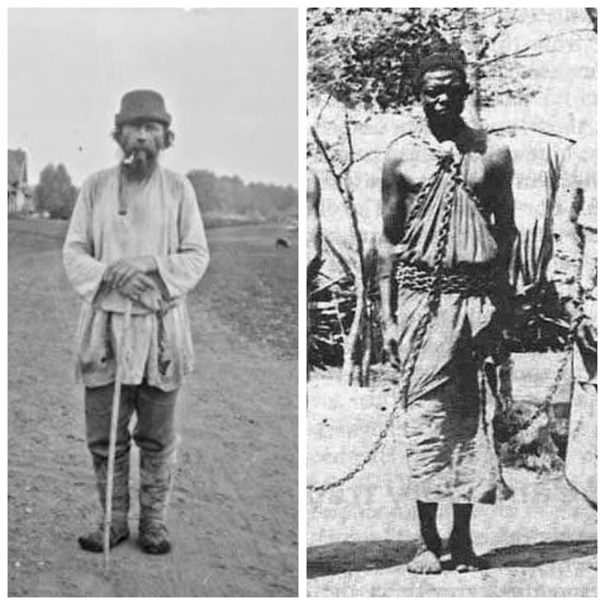 Слева — русский крепостной крестьянин, справа — негр-раб 