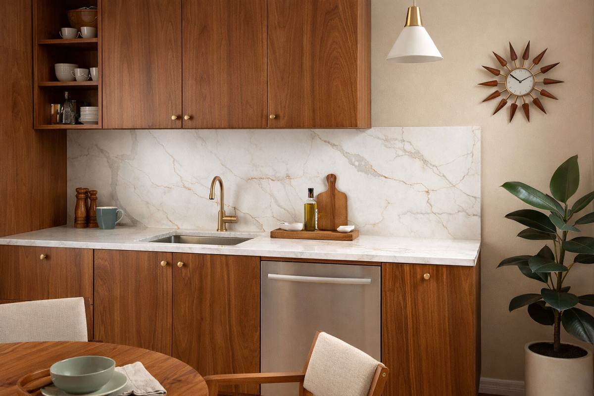 Камень столешницы и фартука: Noblle Quartz Q757 Calacatta Aurum