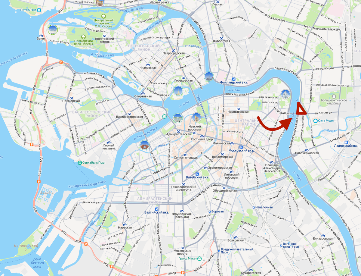 Где находится Охтинский мыс Петербурга
