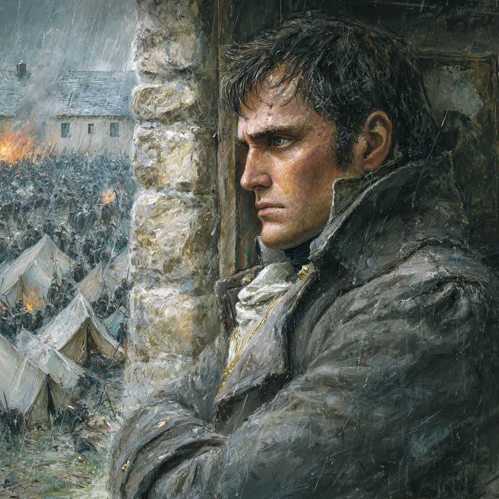 Наполеон Бонапарт стоит у окна фермы Кайю