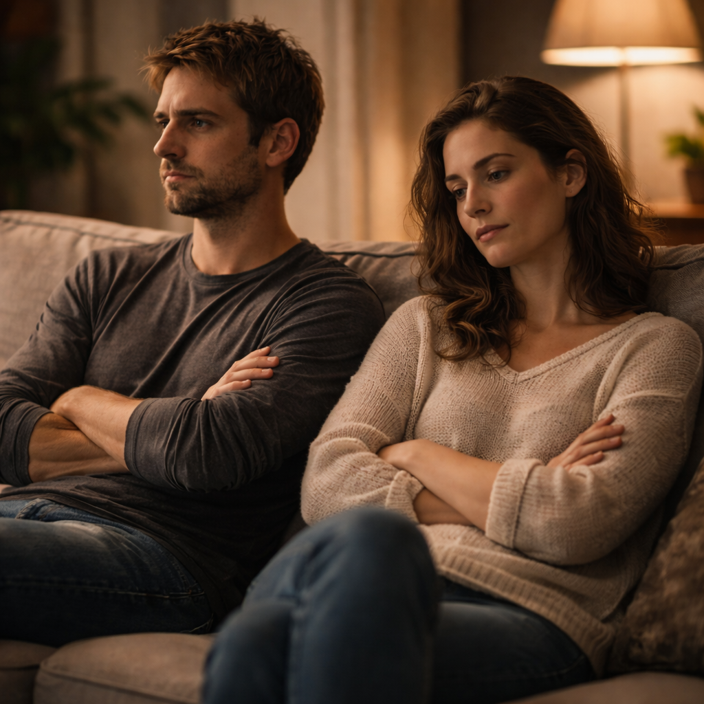 Пара сидит рядом на диване, между ними физическая близость, но эмоциональная дистанция — оба смотрят в разные стороны.