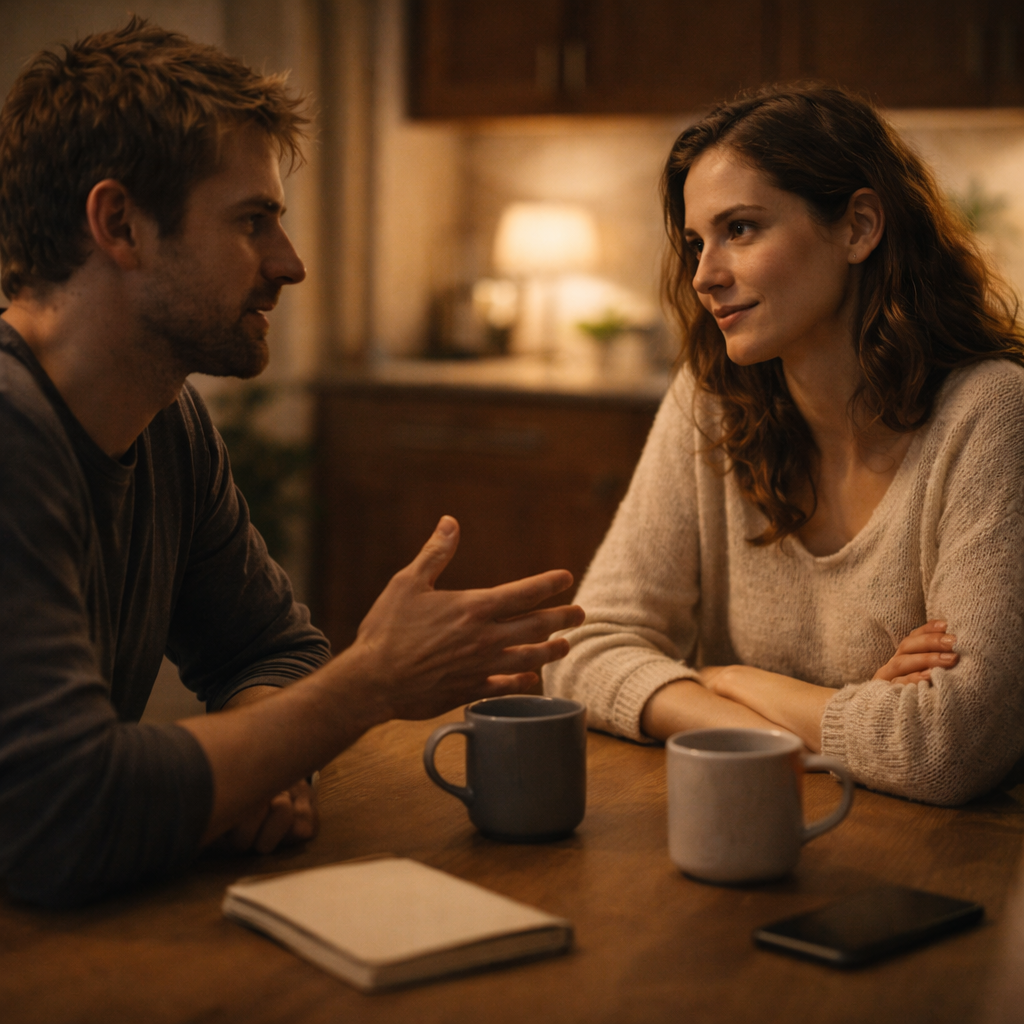Партнёры разговаривают за столом, один внимательно слушает, второй говорит — спокойная, безопасная атмосфера.