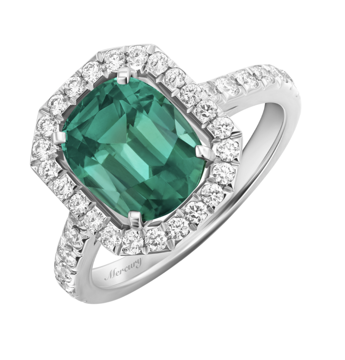 Кольцо Mercury Color из белого золота с бриллиантами и центральным зеленым турмалином