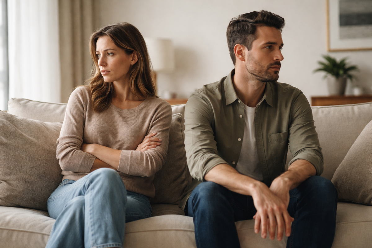 Пара сидит рядом, внешне спокойно, но между ними ощущается эмоциональная холодность и дистанция.