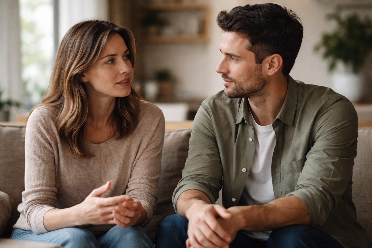 Пара разговаривает: один внимательно слушает, второй говорит спокойно, между ними контакт и уважение.