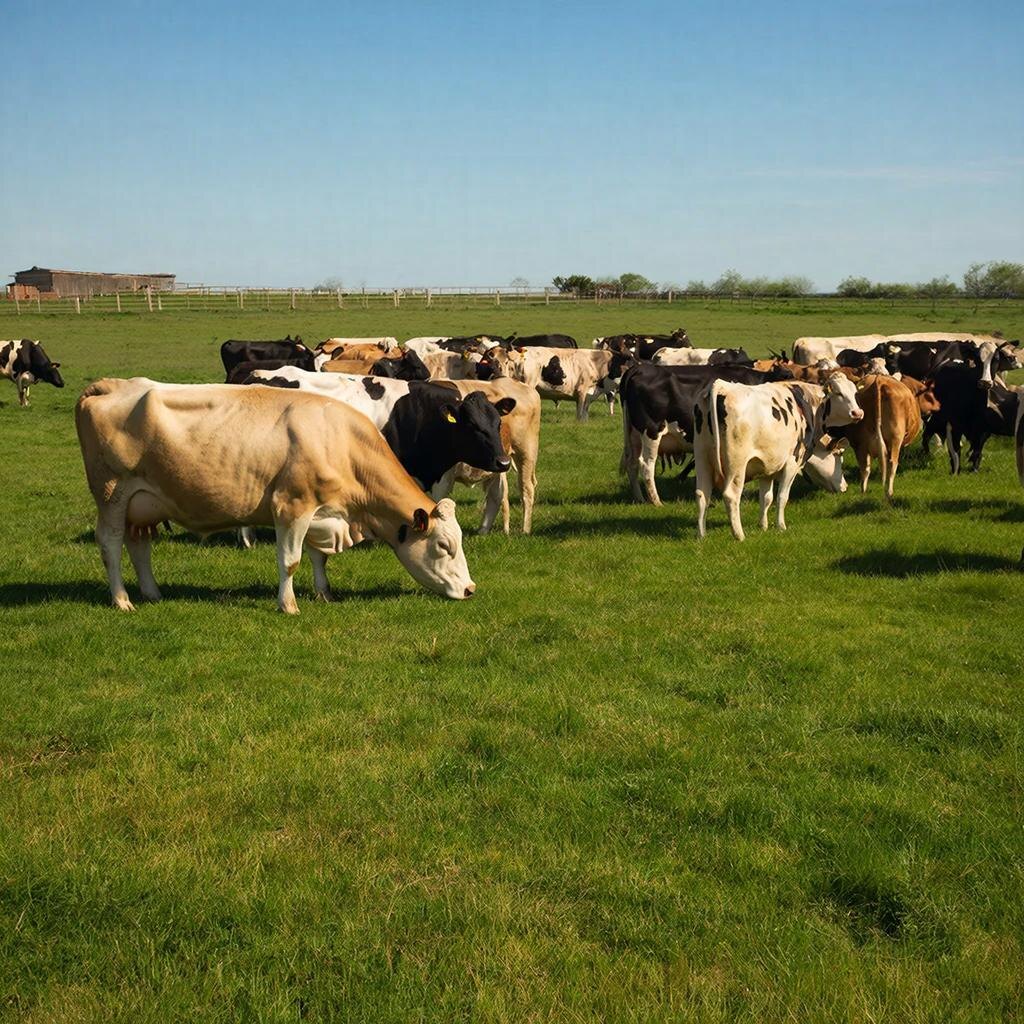 Коровы на лугу. Изображение сгенерировано сервисом GigaChat 