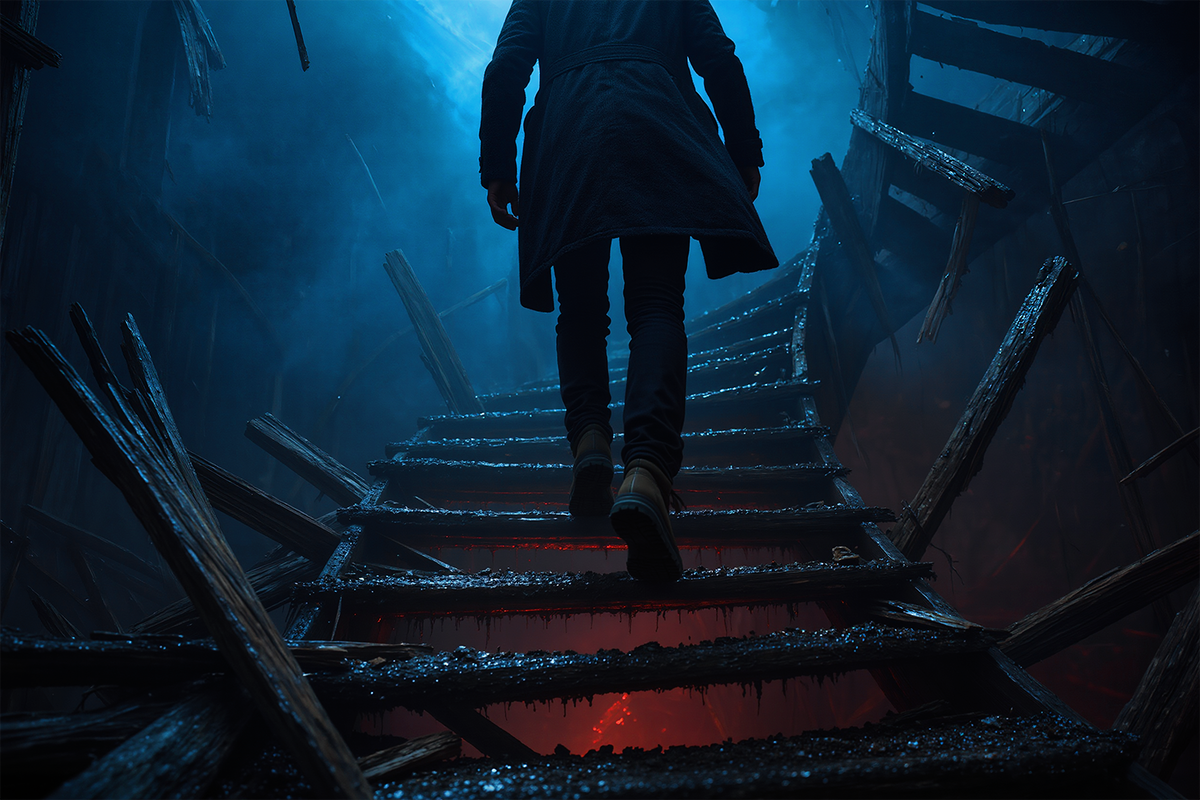 Мужчина поднимается вверх по гнилой деревянной винтовой лестнице