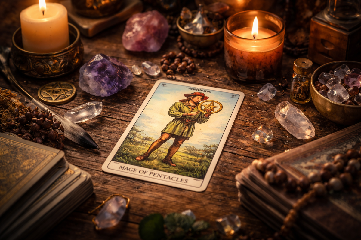 Паж Пентаклей на чувства — карта тихого интереса, который проявляется не словами, а конкретными действиями.