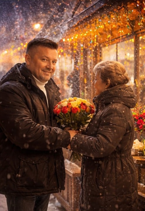 Зимний вечер, огни улицы, первый букет перед праздником. Простые жесты, которые согревают сильнее любого обогревателя. Уфа встречает Новый год неспешно и по-семейному.Уфа. Предновогодний вечер.