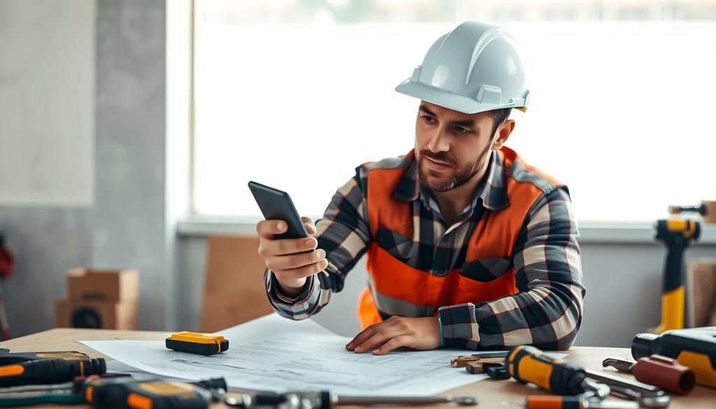    Рабочий с кнопочным телефоном на стройке