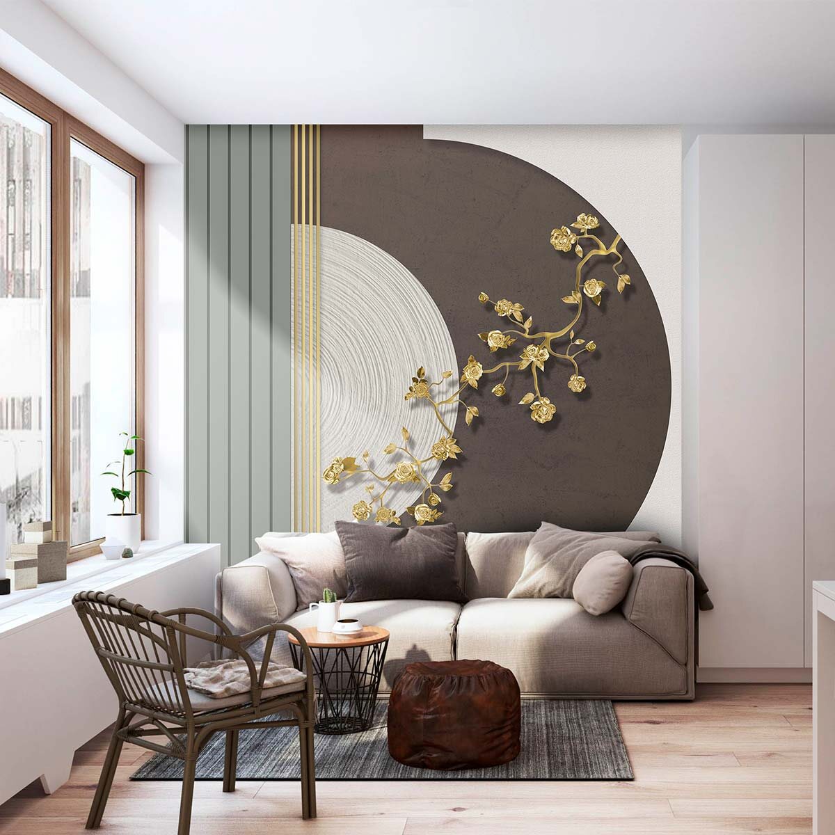 Пример интерьера зоны отдыха в приглушнных, спокойных тонах с акцентной отделкой стены флизелиновыми фотообоями VEROL. Артикул на WB: 147596305.